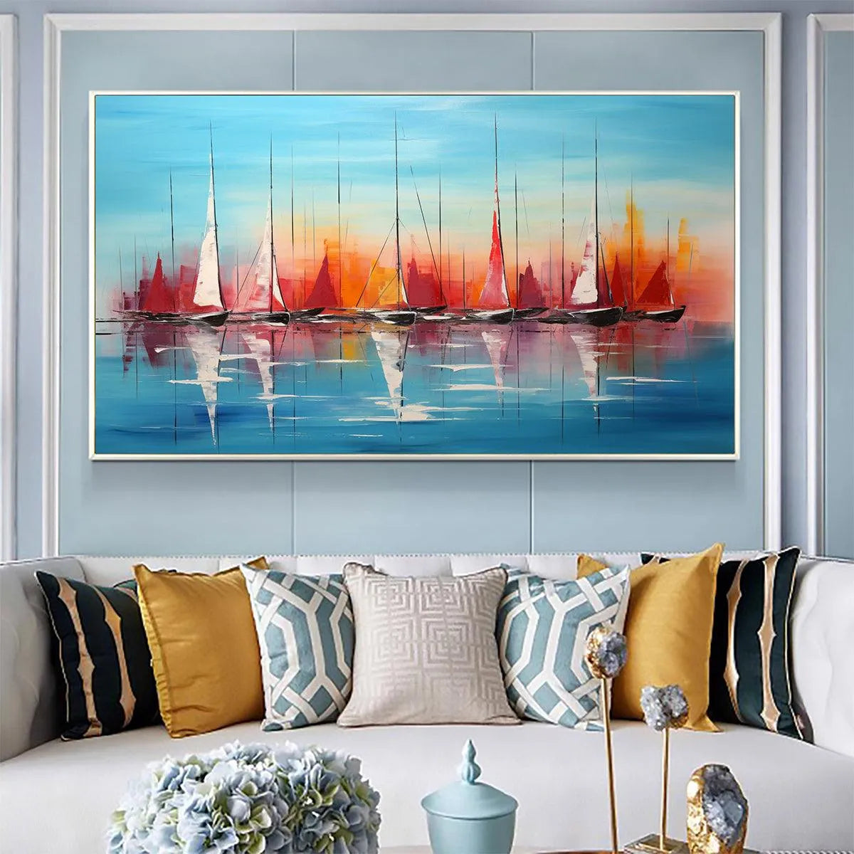 HARBOR SUNSET: Panoramic Sailboat Painting, Colorful Sunset