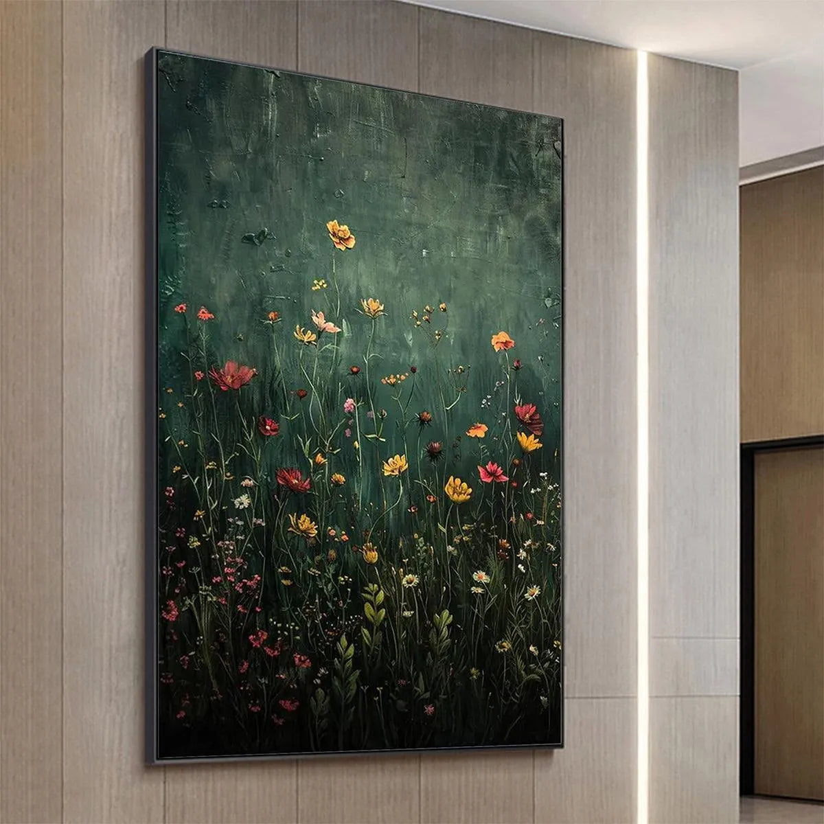 MEADOW'S EMBRACE: Moody Floral Botanical Painting, Vertical Wall Art