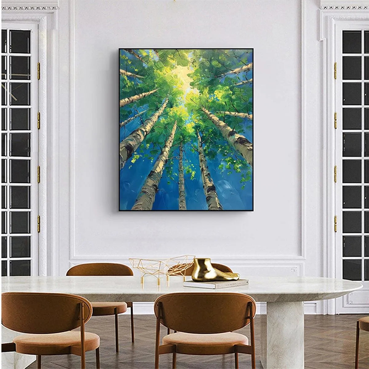 FOREST SUNRISE: Textured Birch Tree Painting, Impasto Wall Art, Vertical Canvas, Nature Decor