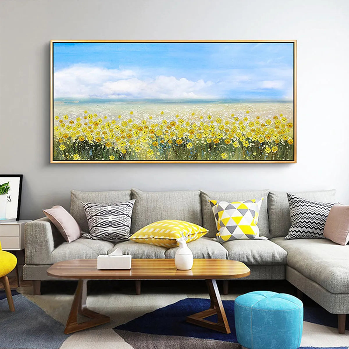 GOLDEN HOUR BLOOM: Landscape Oil Painting with Yellow Wildflowers and Blue Sky