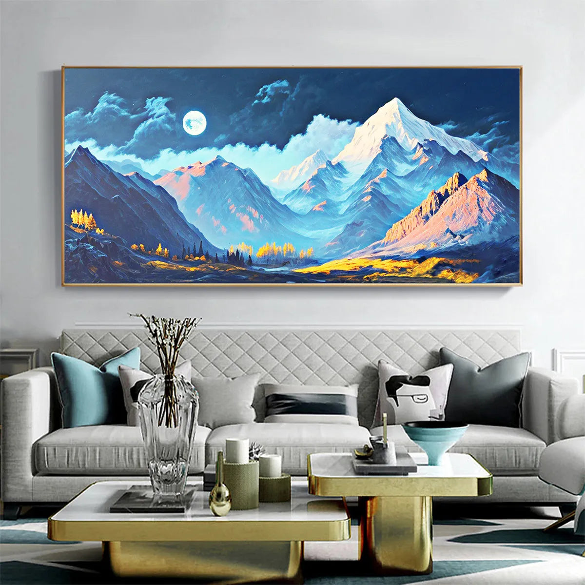 MOONLIT MAJESTY: Panoramic Mountain Landscape Oil Painting with Moon