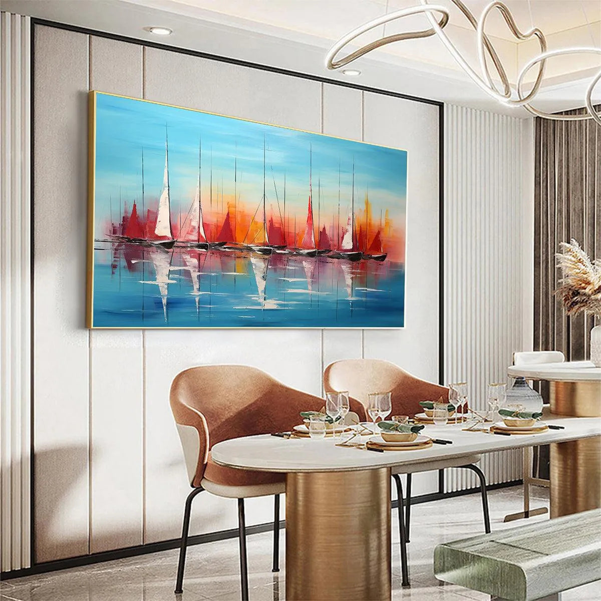 HARBOR SUNSET: Panoramic Sailboat Painting, Colorful Sunset