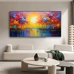 Large 'Twilight Reflections' impasto landscape wall art in modern minimalist living room.