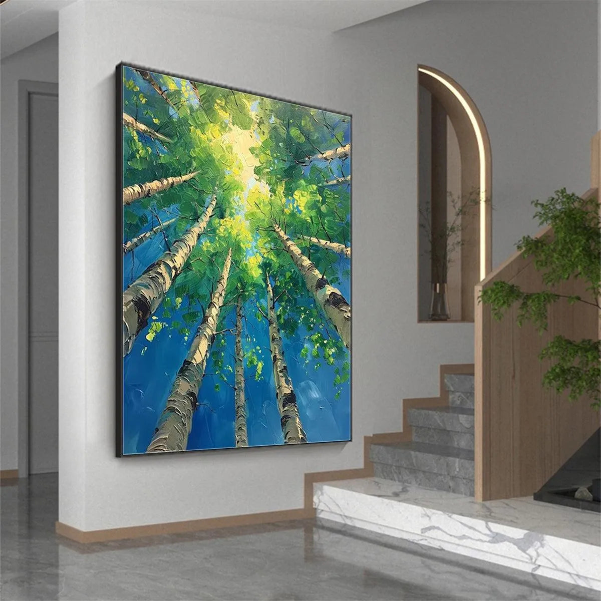 FOREST SUNRISE: Textured Birch Tree Painting, Impasto Wall Art, Vertical Canvas, Nature Decor