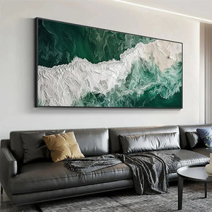 EMERALD FLOW: Green & white textured ocean painting above grey sofa, modern living room.