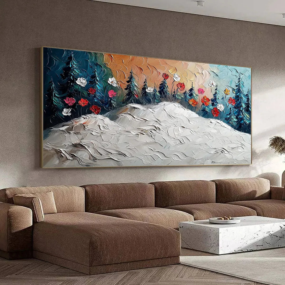 FROZEN BLOOM: Textured Impasto Landscape with Floral Accents