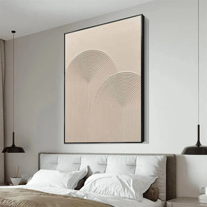 Textured Rainbow minimalist beige painting by Javier Ramirez in a modern bedroom setting, modern wall art
