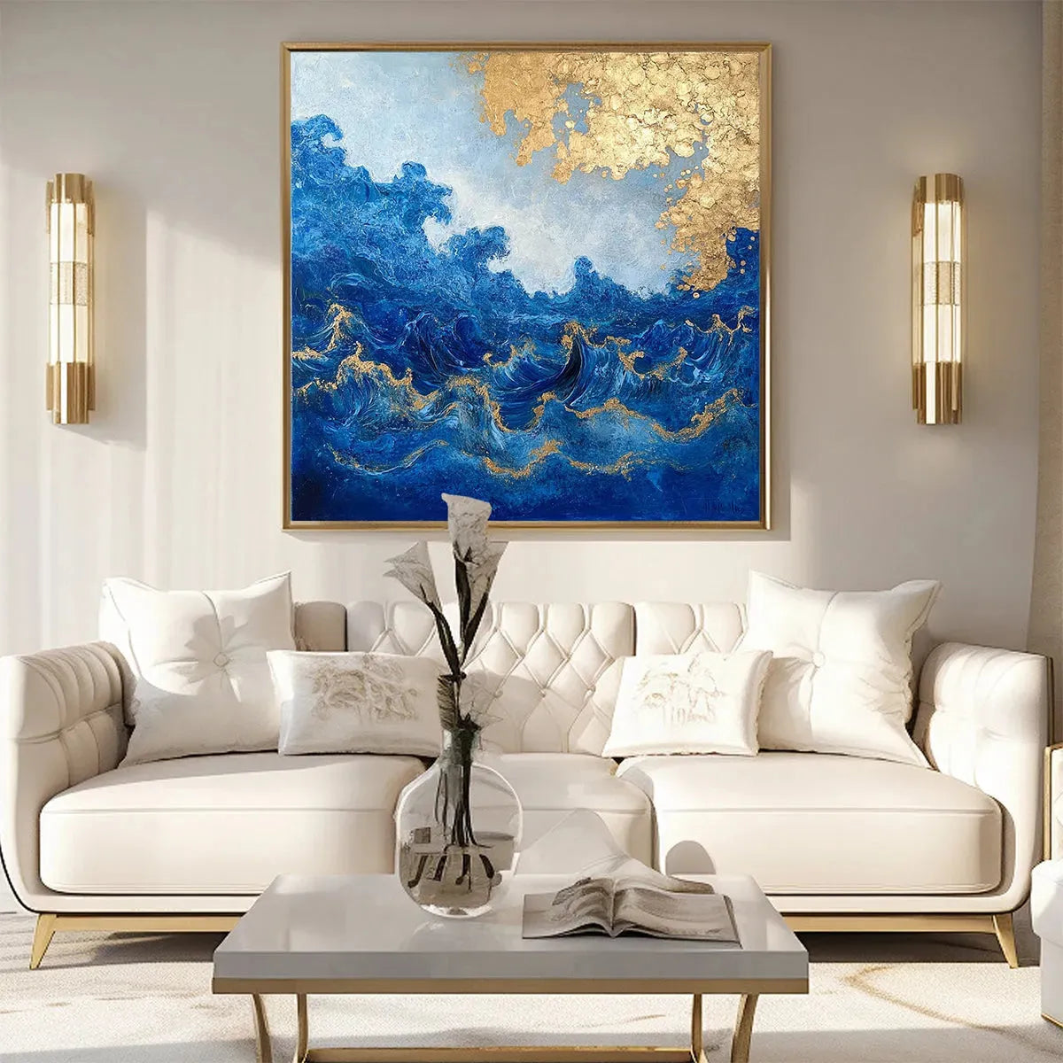 AZURE CREST: Square Abstract Ocean Waves Oil Painting with Gold Leaf