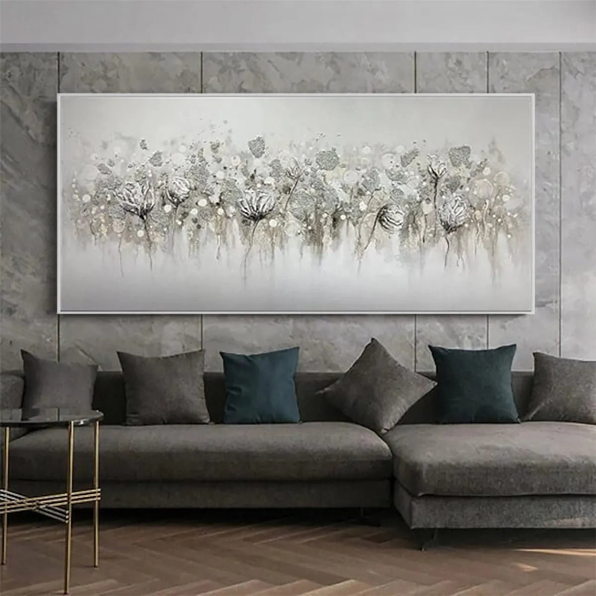 SILVER MIST: Minimalist Floral Oil Painting in Silver and Grey