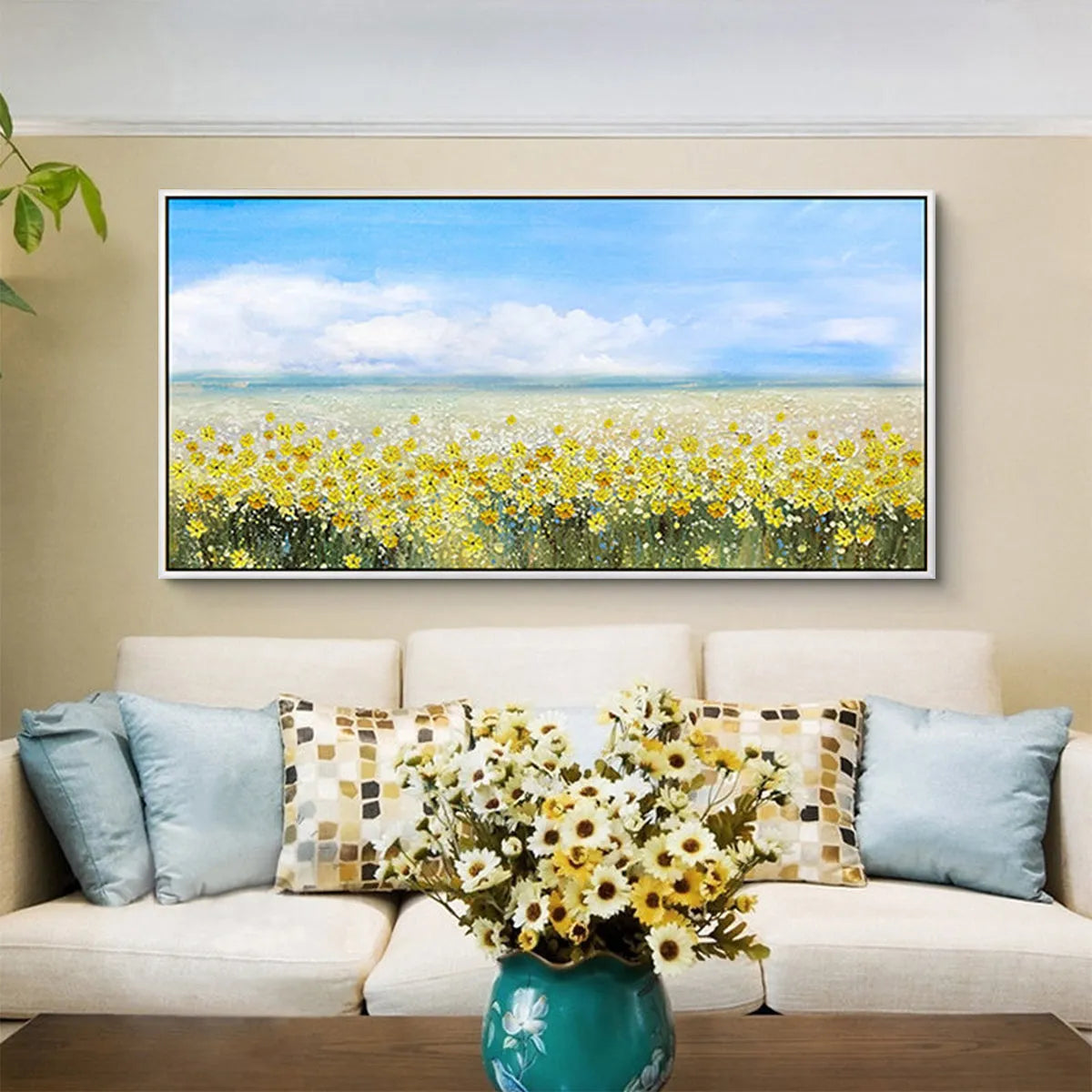 GOLDEN HOUR BLOOM: Landscape Oil Painting with Yellow Wildflowers and Blue Sky