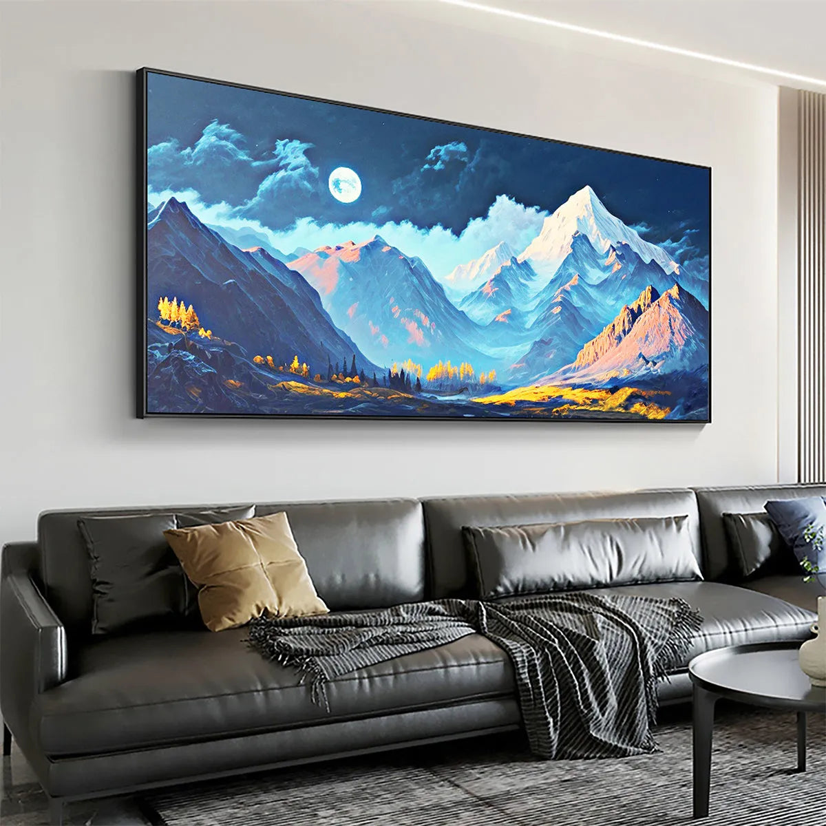 MOONLIT MAJESTY: Panoramic Mountain Landscape Oil Painting with Moon