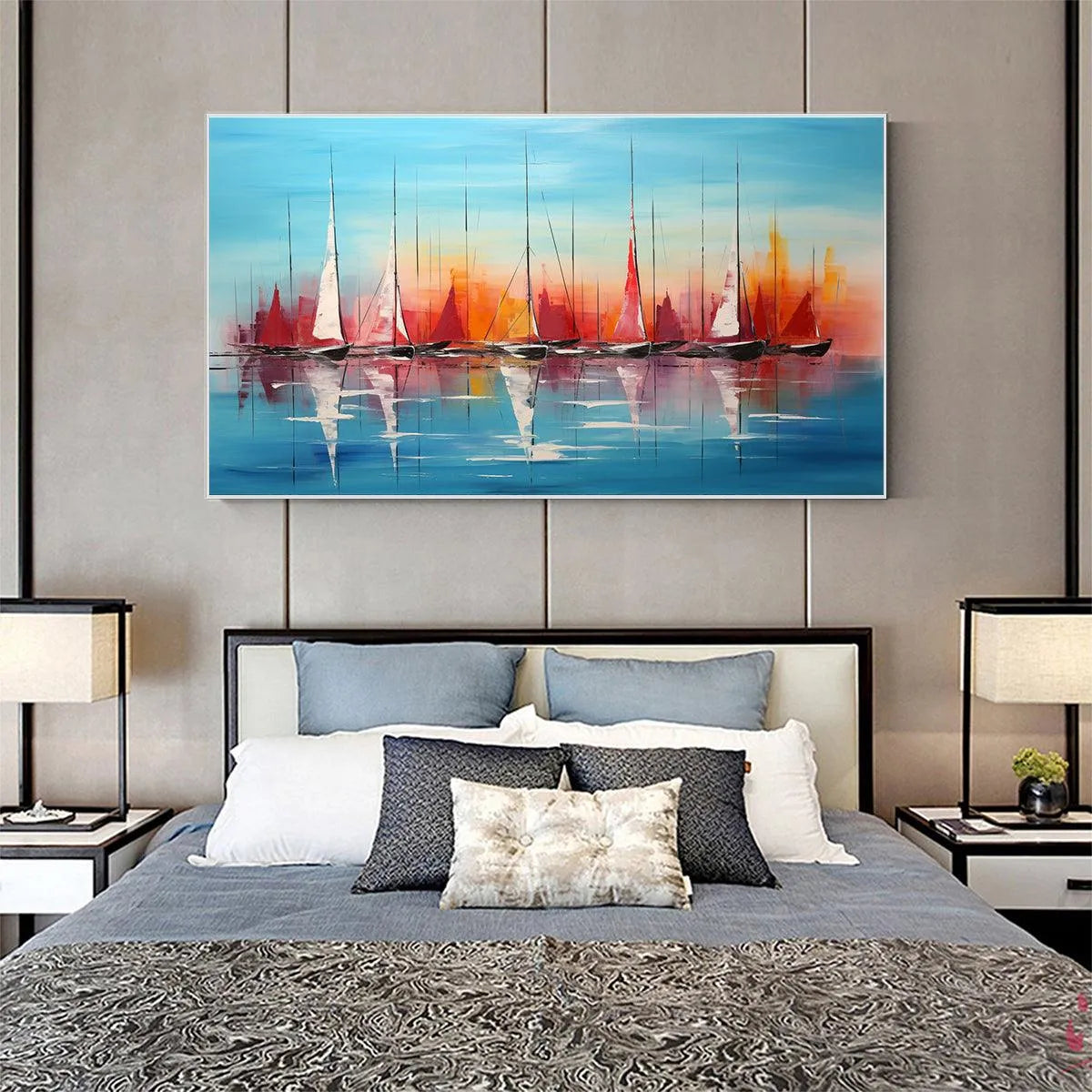 HARBOR SUNSET: Panoramic Sailboat Painting, Colorful Sunset