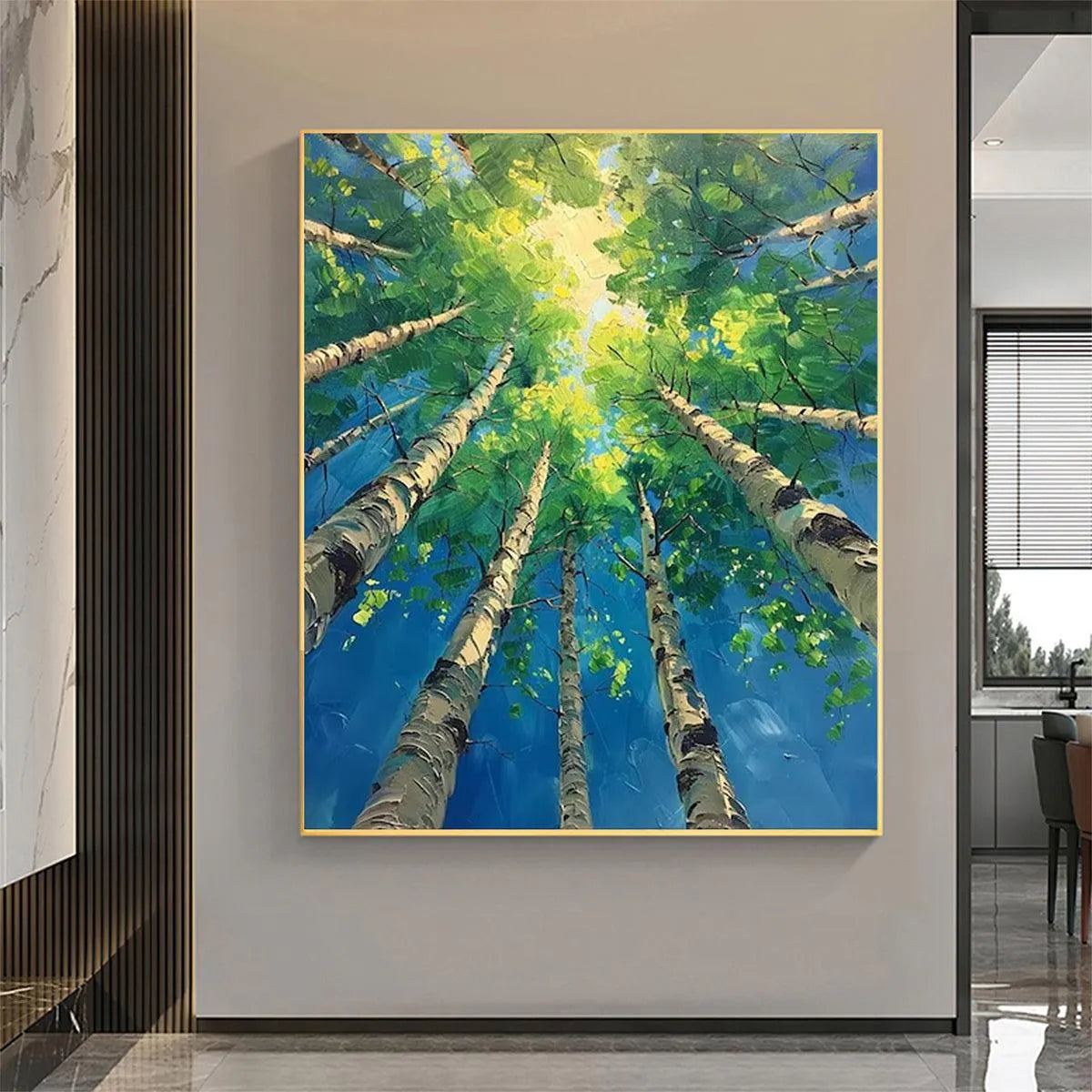 FOREST SUNRISE: Textured Birch Tree Painting, Impasto Wall Art, Vertical Canvas, Nature Decor