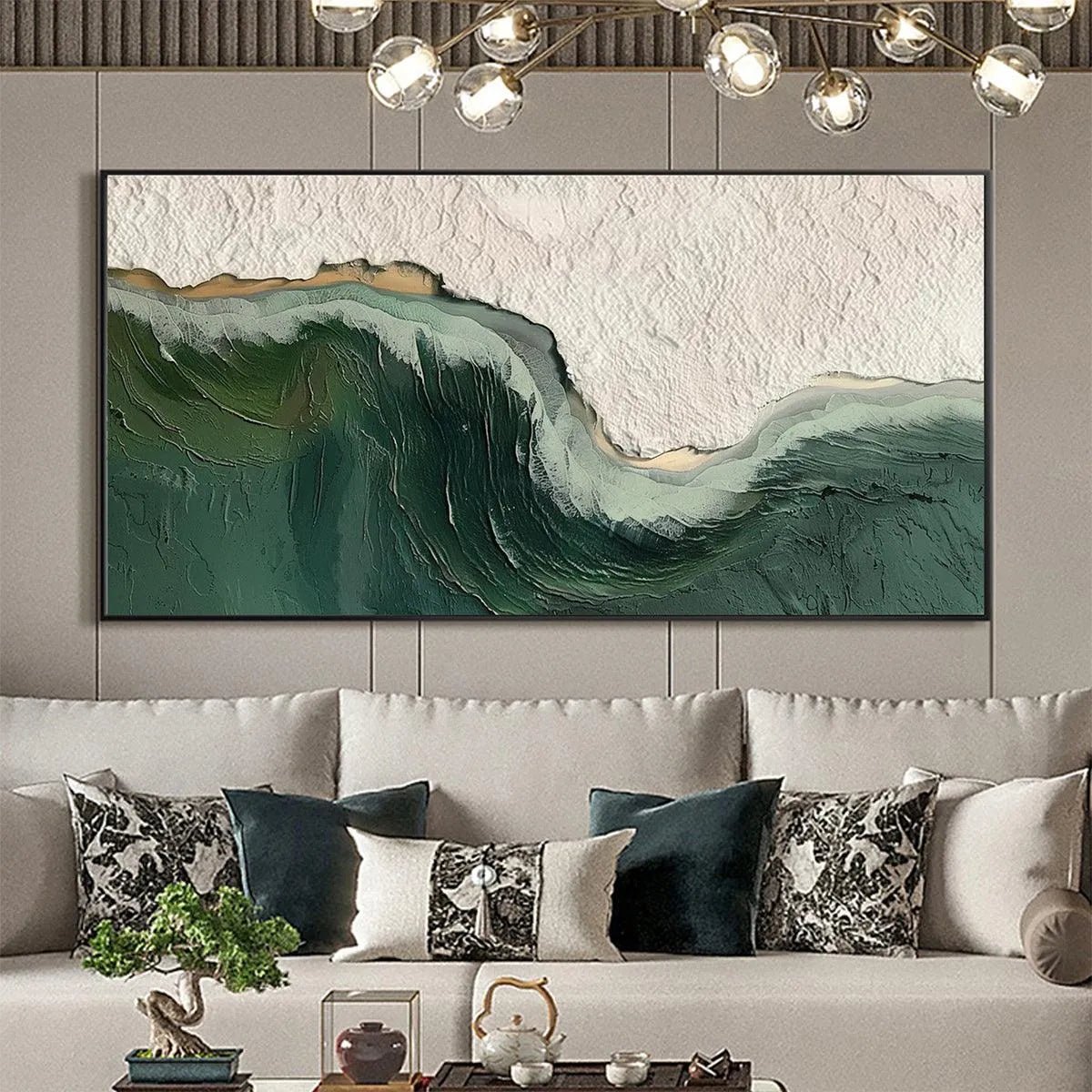 EMERALD DEPTHS: Textured Abstract Seascape Painting, Green and White Wall Art, Panoramic Canvas, Coastal Decor