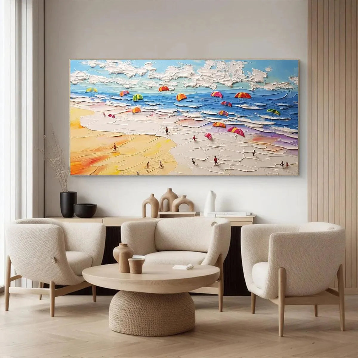 SEASIDE CELEBRATION: Textured Impasto Beach Painting with Colorful Umbrellas