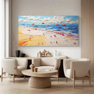 Seaside Celebration beach painting by Liam O'Connell, impasto with colorful umbrellas, displayed in a modern living room.