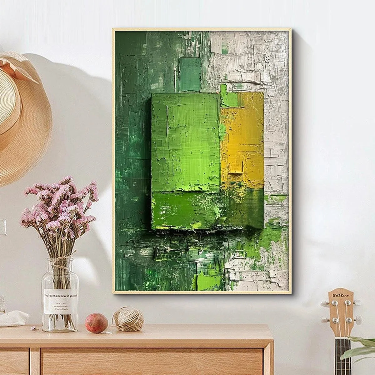 GREEN AND YELLOW TEXTURED BLOCKS: Impasto Abstract Painting, Vertical Wall Art