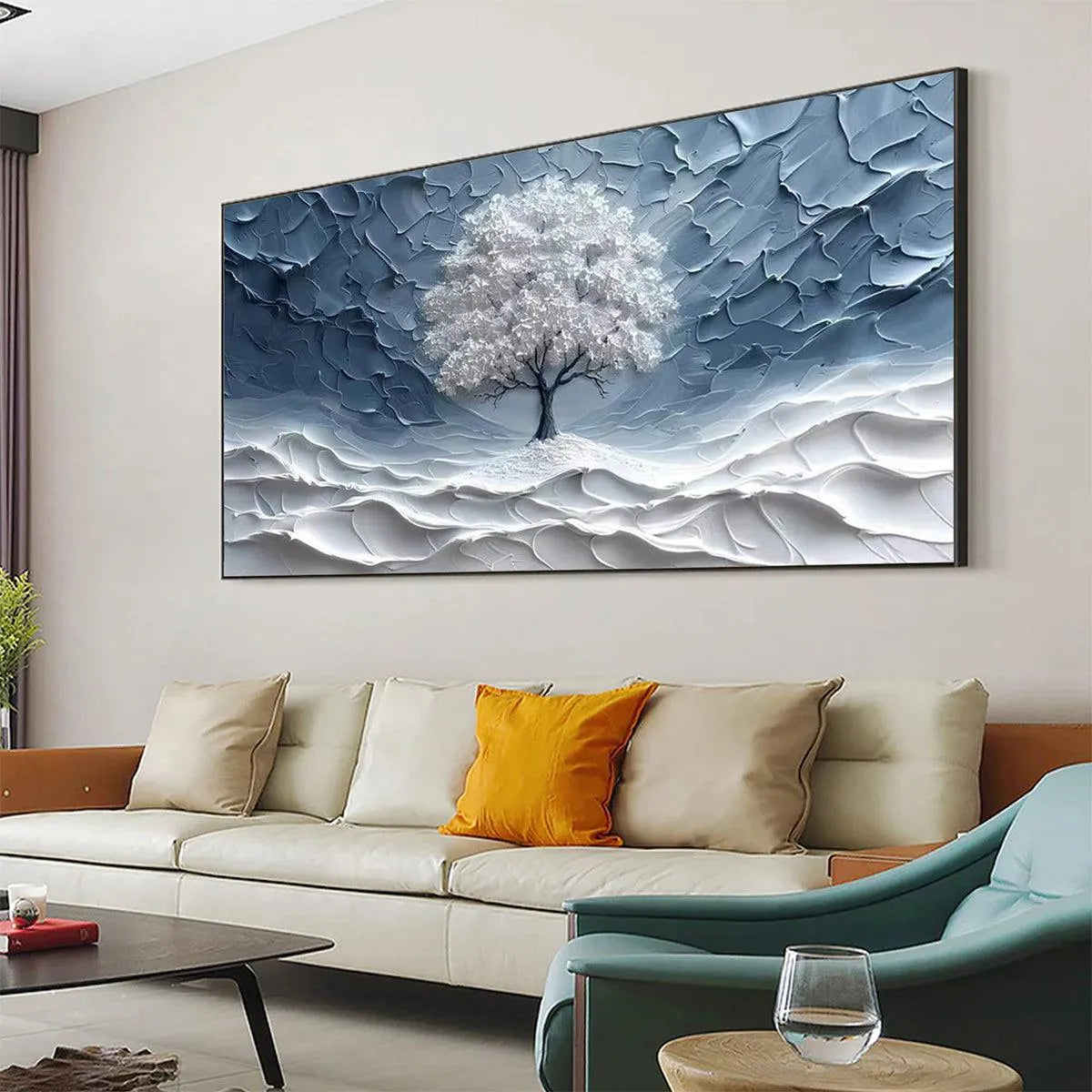 WINTER'S EMBRACE: Textured Winter Landscape Painting, Impasto Wall Art, Horizontal Canvas, Tree Art