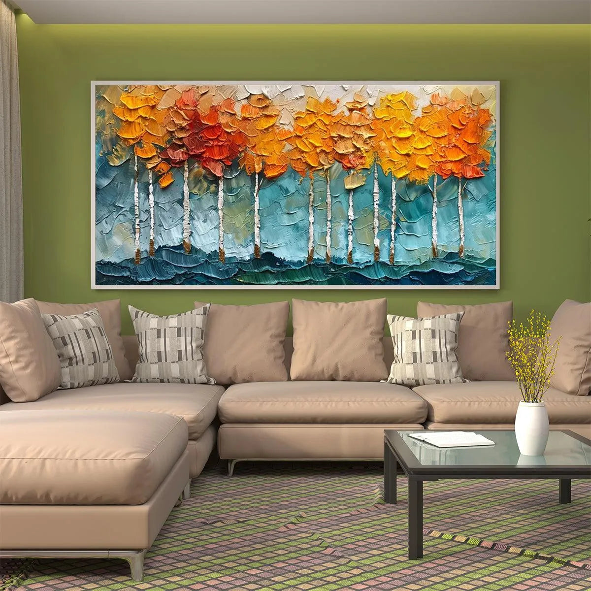 GOLDEN ASPEN: Textured Forest Painting, Impasto Wall Art, Horizontal Canvas, Autumn Decor