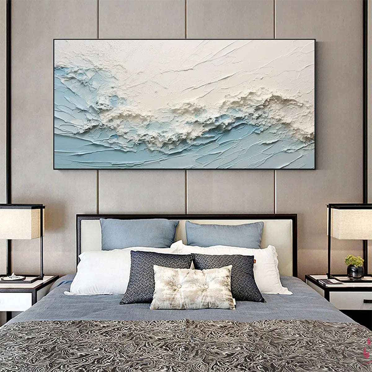SERENE SEASCAPE: Panoramic Textured Abstract Painting, Impasto Wall Art, Blue, White, Beige, Living Room, Bedroom