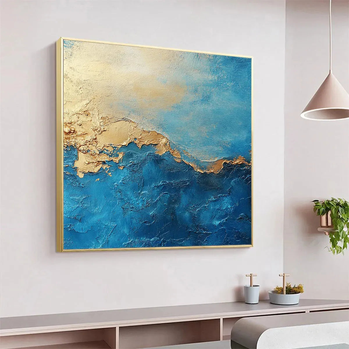 GILDED TIDEPOOL: Square Abstract Oil Painting with Gold Leaf and Blue