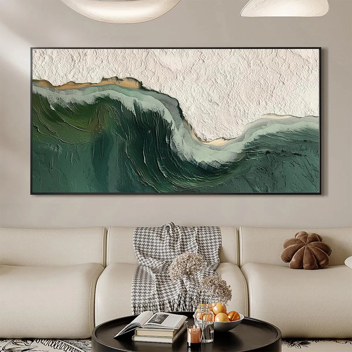 EMERALD DEPTHS: Textured Abstract Seascape Painting, Green and White Wall Art, Panoramic Canvas, Coastal Decor