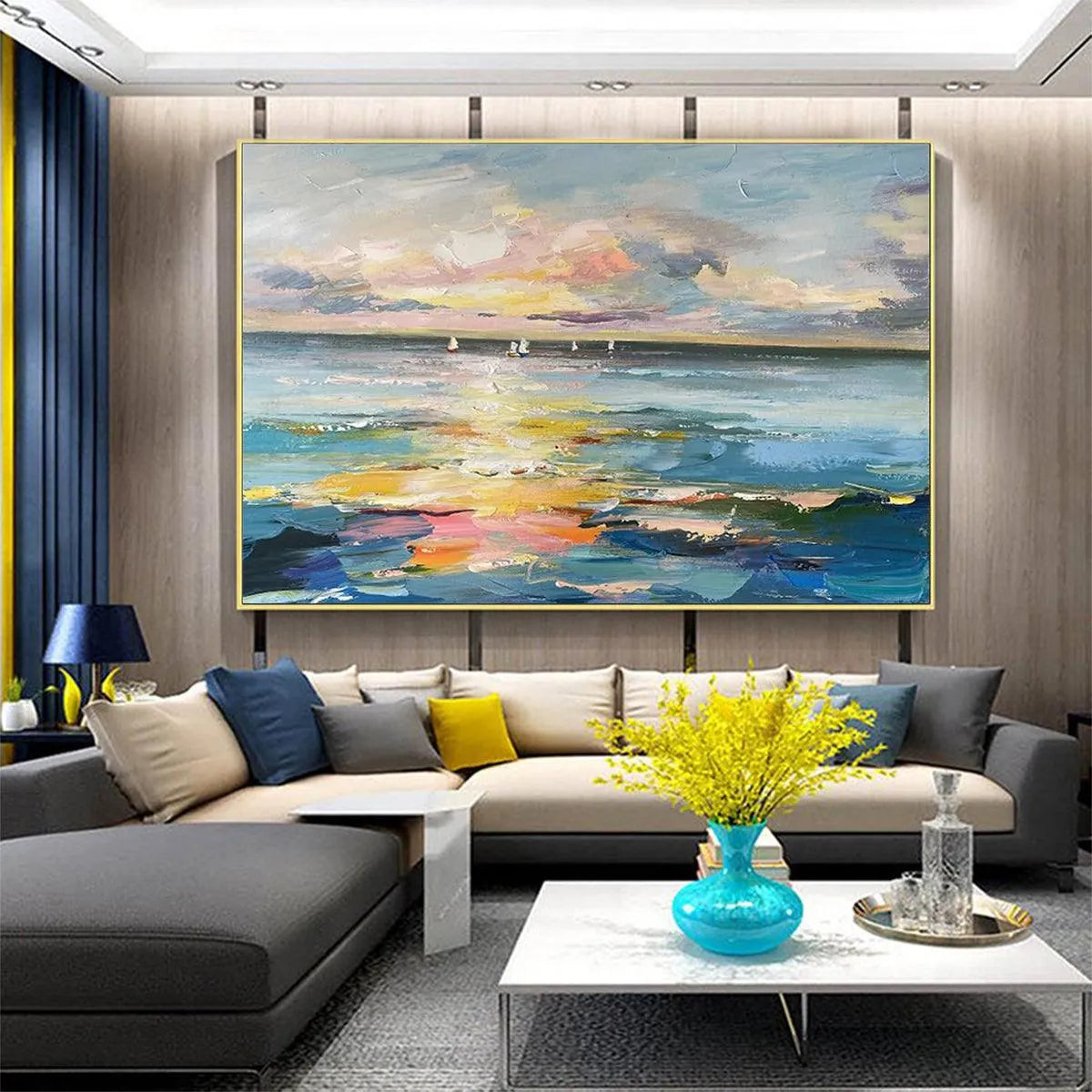 SUNSET SAIL: Seascape Painting, Impasto Texture, Ocean View, Panoramic Wall Art, Horizontal