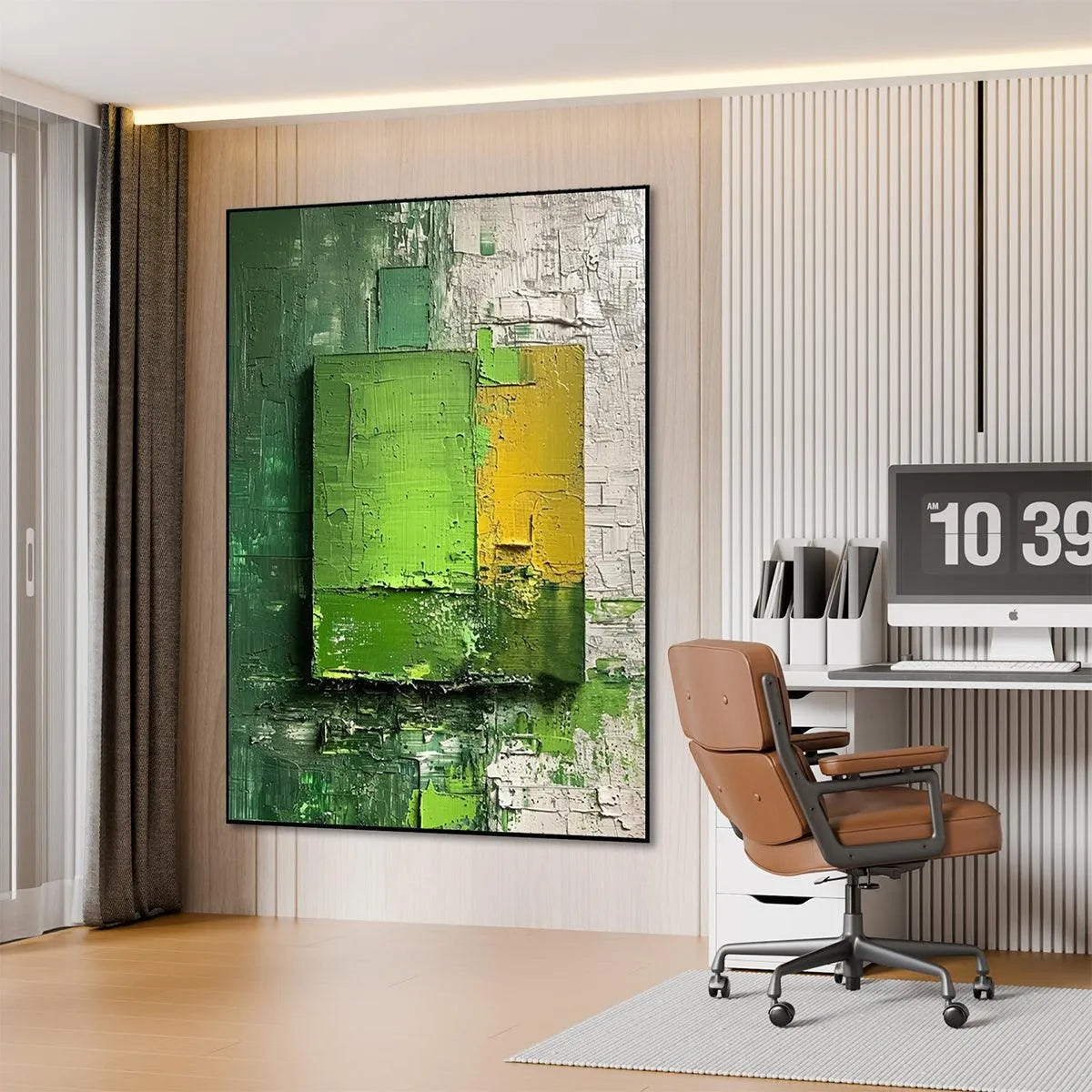 GREEN AND YELLOW TEXTURED BLOCKS: Impasto Abstract Painting, Vertical Wall Art