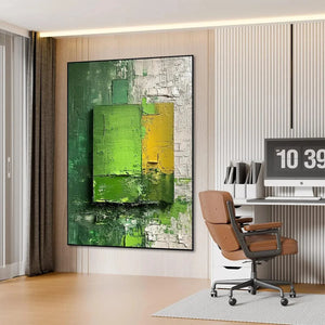 Green & Yellow Textured Blocks by Isabella Rossi, modern abstract painting, vertical wall art for office space.