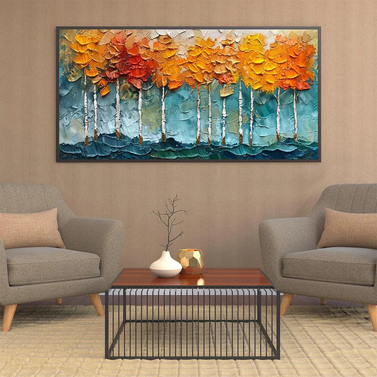 GOLDEN ASPEN: Textured Forest Painting, Impasto Wall Art, Horizontal Canvas, Autumn Decor