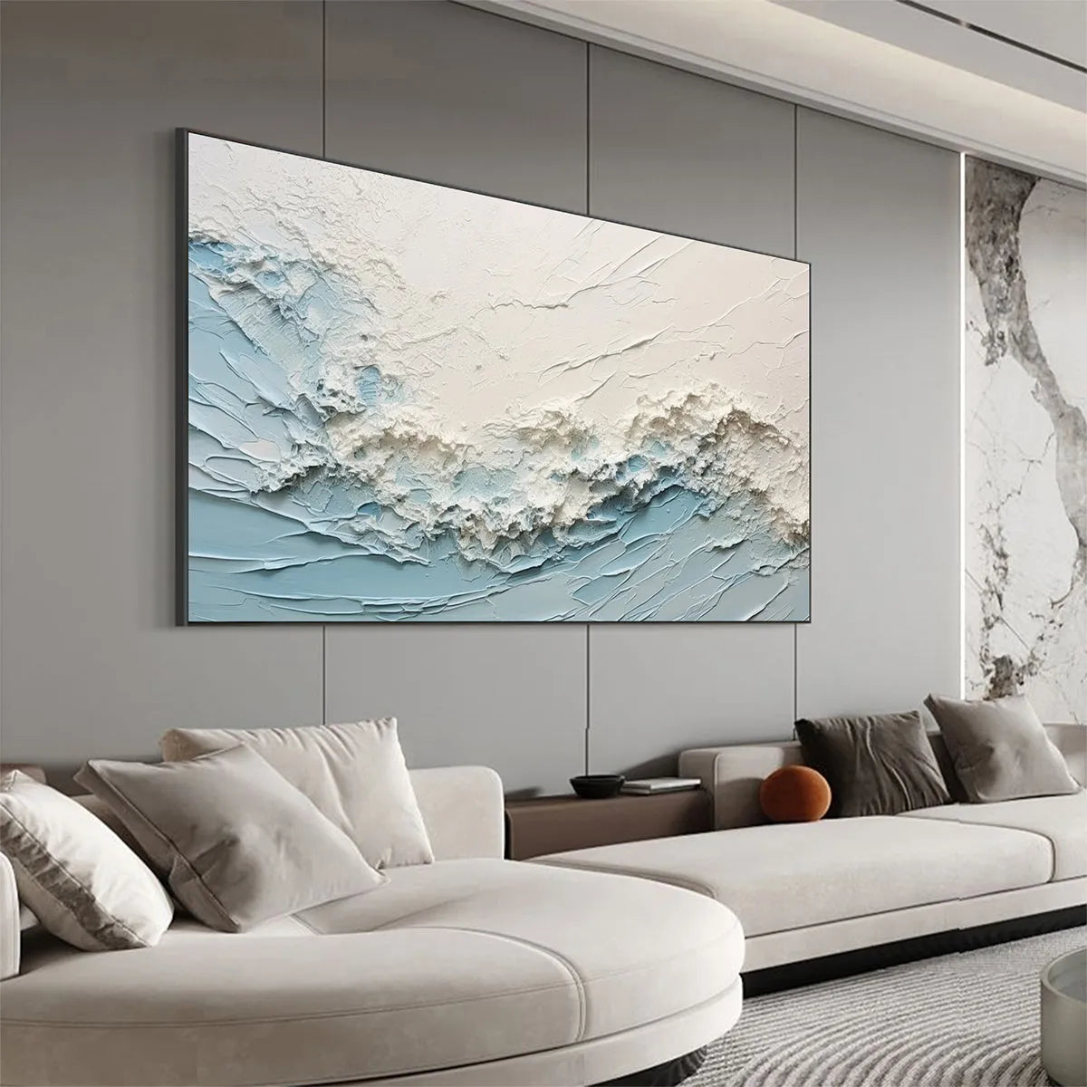 SERENE SEASCAPE: Panoramic Textured Abstract Painting, Impasto Wall Art, Blue, White, Beige, Living Room, Bedroom