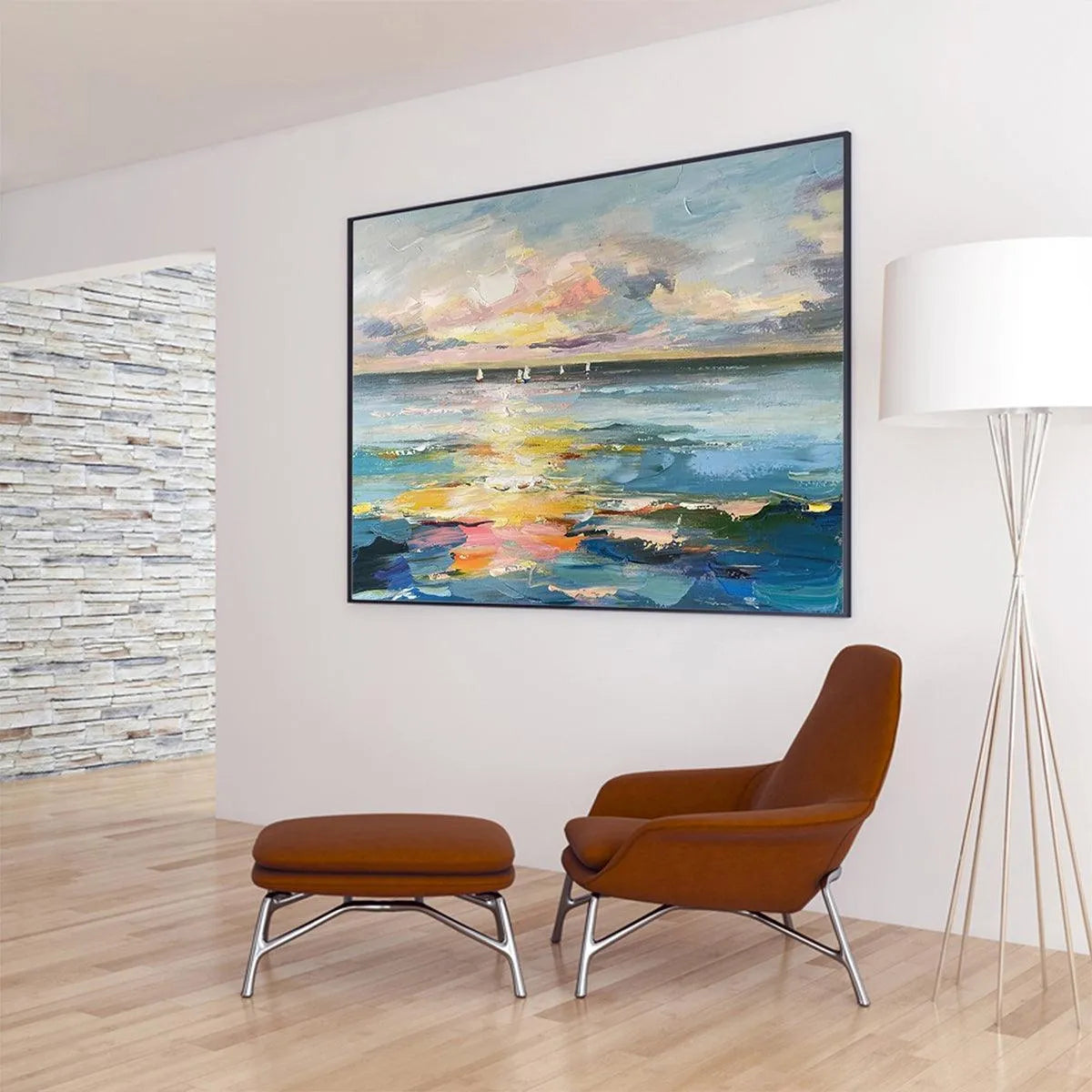 SUNSET SAIL: Seascape Painting, Impasto Texture, Ocean View, Panoramic Wall Art, Horizontal