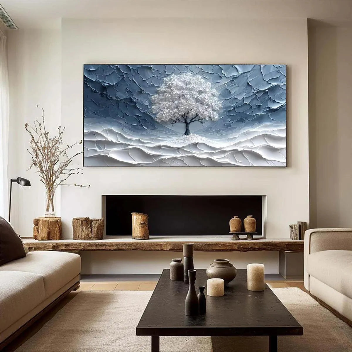 WINTER'S EMBRACE: Textured Winter Landscape Painting, Impasto Wall Art, Horizontal Canvas, Tree Art