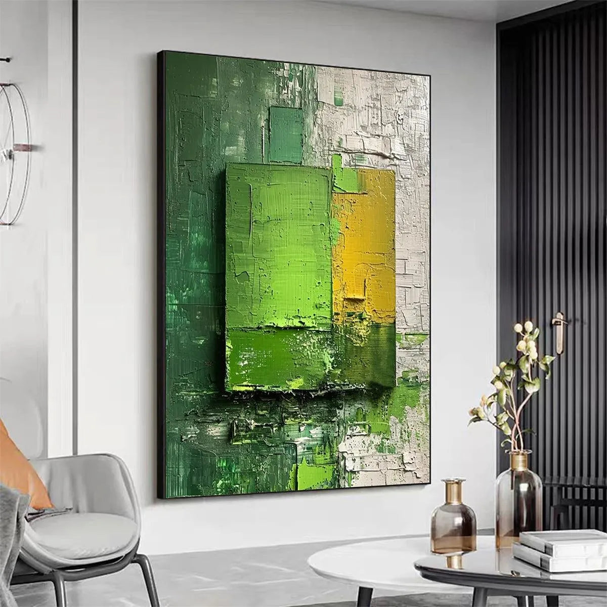 GREEN AND YELLOW TEXTURED BLOCKS: Impasto Abstract Painting, Vertical Wall Art