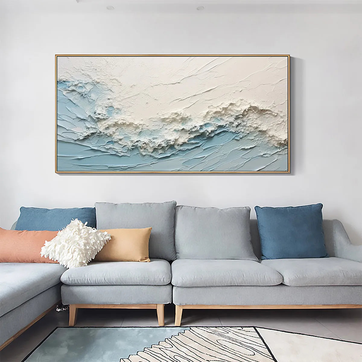 SERENE SEASCAPE: Panoramic Textured Abstract Painting, Impasto Wall Art, Blue, White, Beige, Living Room, Bedroom