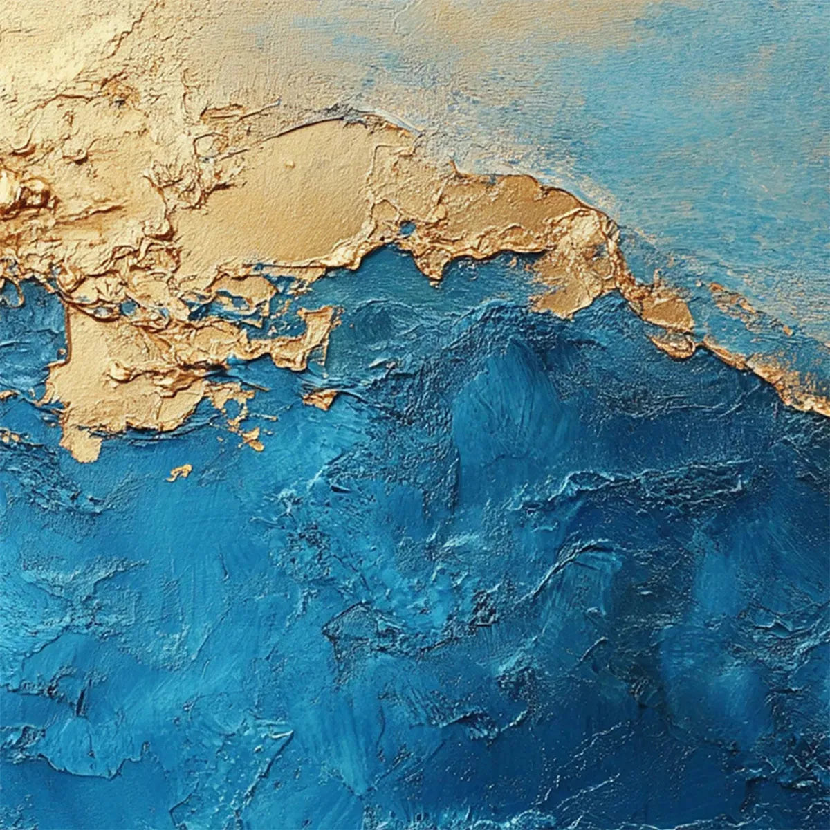 GILDED TIDEPOOL: Square Abstract Oil Painting with Gold Leaf and Blue