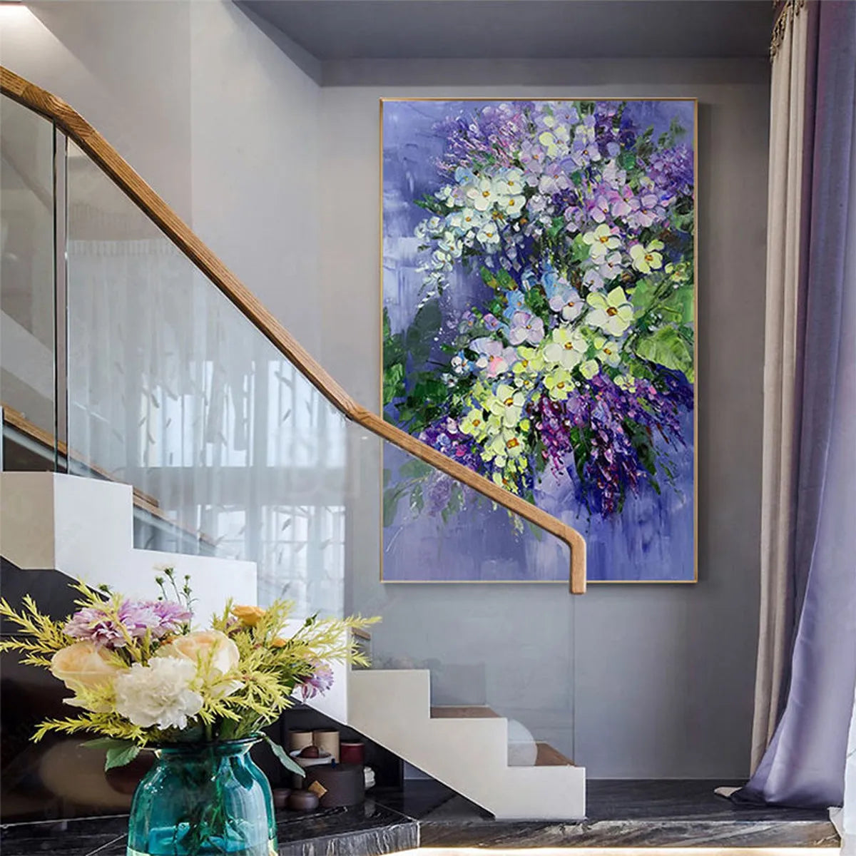 SERENITY IN PURPLE: Vertical Impasto Floral Oil Painting