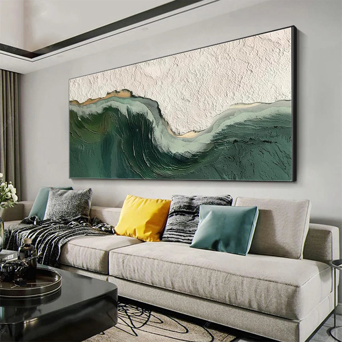 EMERALD DEPTHS: Textured Abstract Seascape Painting, Green and White Wall Art, Panoramic Canvas, Coastal Decor