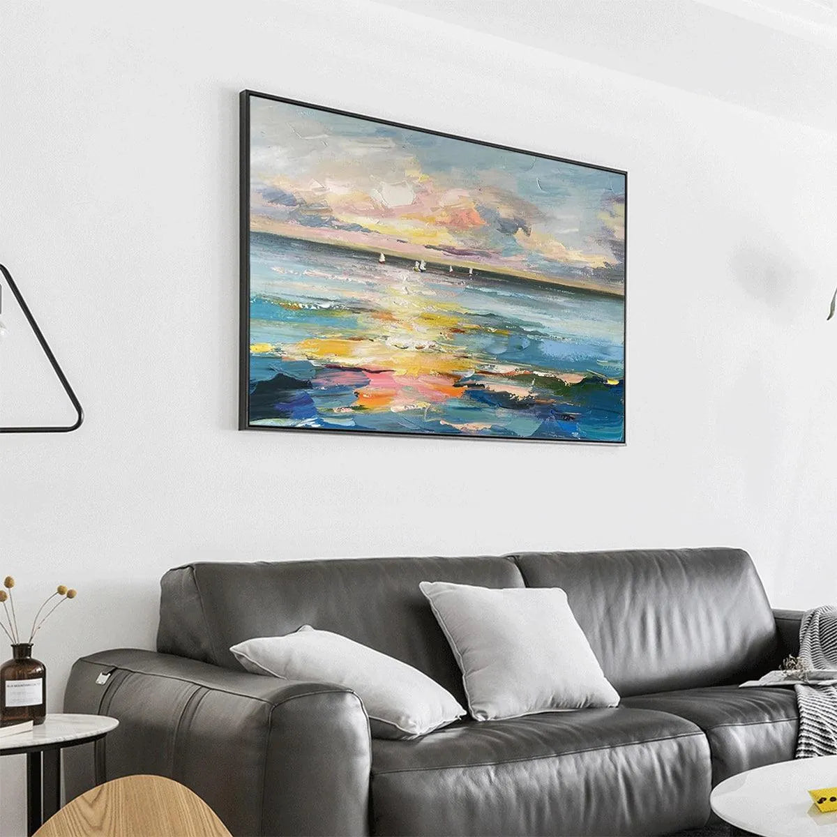 SUNSET SAIL: Seascape Painting, Impasto Texture, Ocean View, Panoramic Wall Art, Horizontal