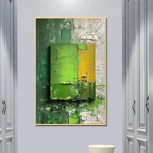 Green and Yellow Textured Blocks abstract painting by Isabella Rossi, modern wall art in green and yellow, vertical artwork.