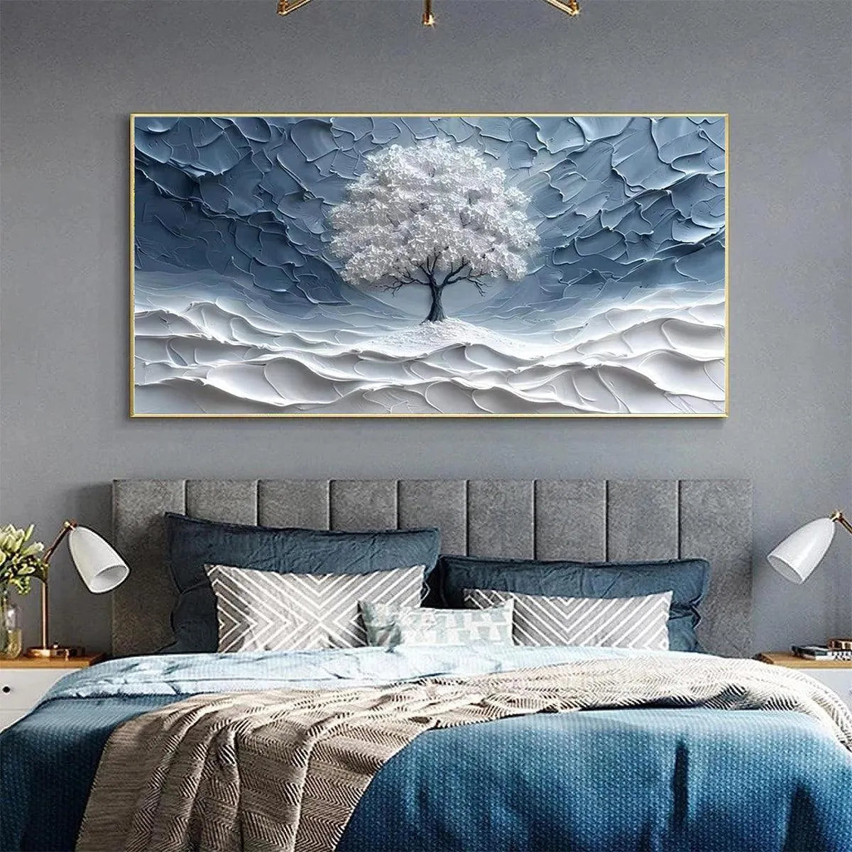 WINTER'S EMBRACE: Textured Winter Landscape Painting, Impasto Wall Art, Horizontal Canvas, Tree Art