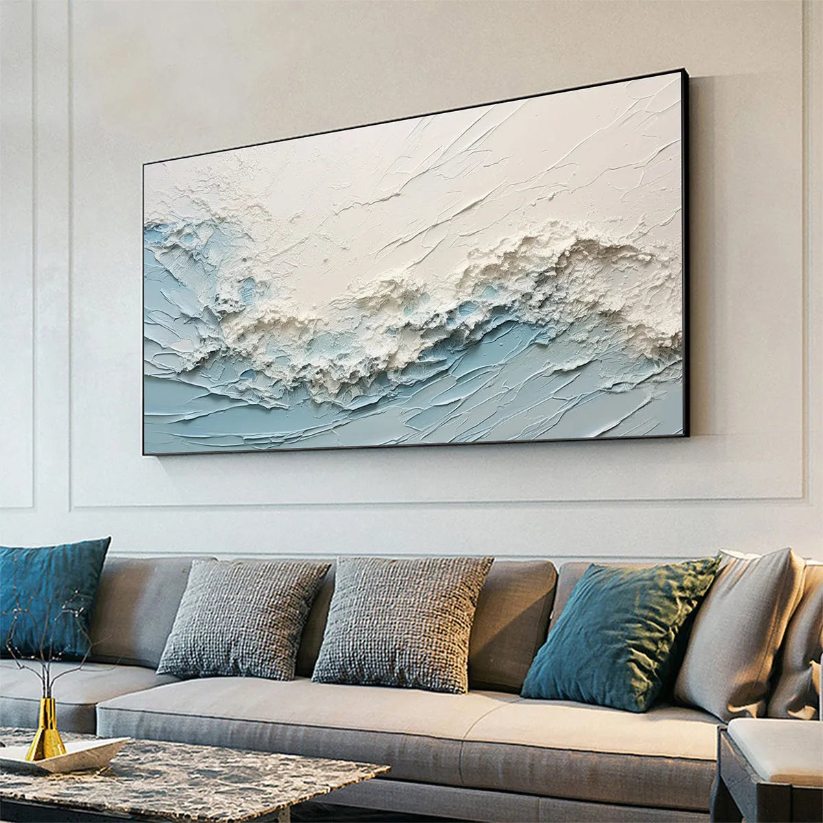 SERENE SEASCAPE: Panoramic Textured Abstract Painting, Impasto Wall Art, Blue, White, Beige, Living Room, Bedroom