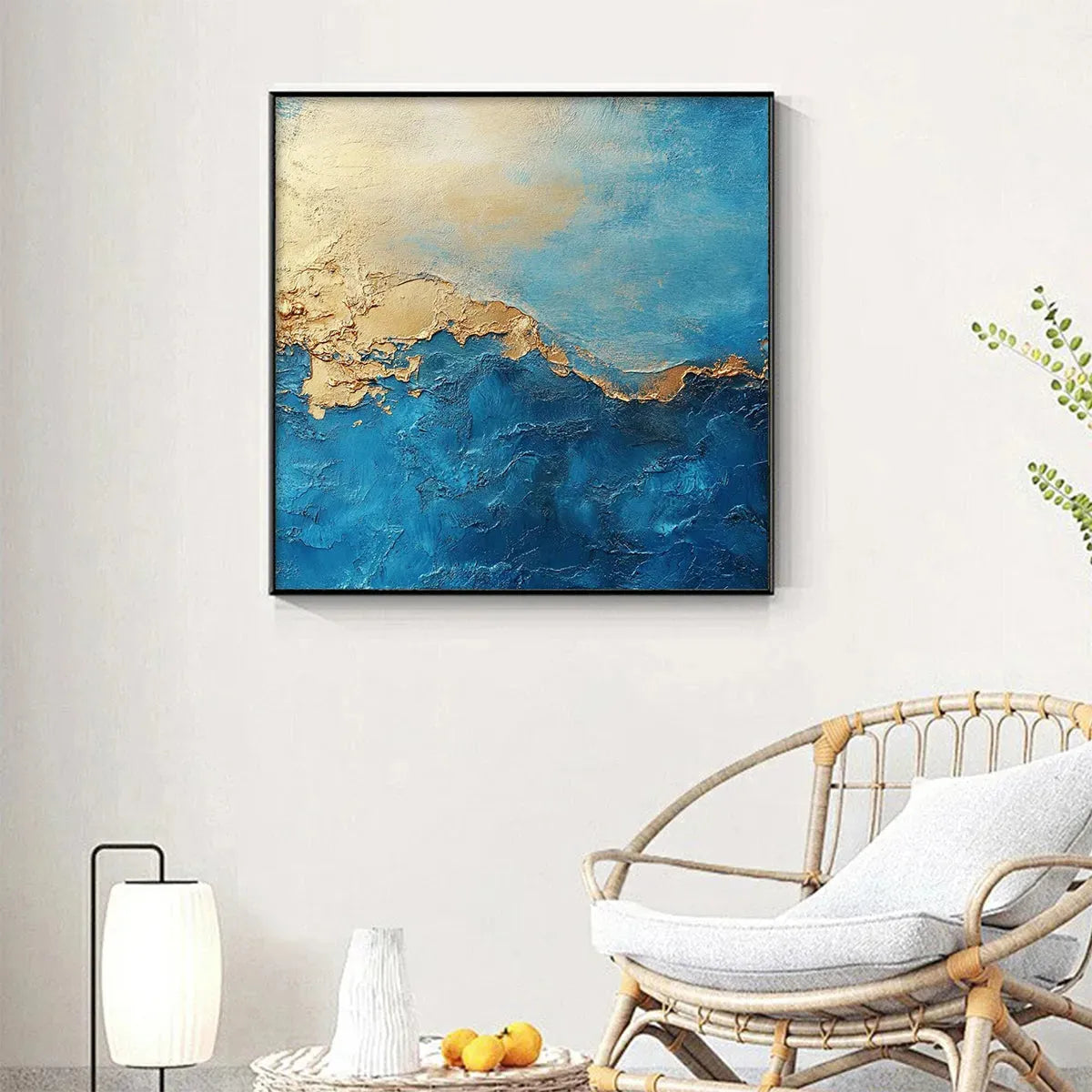 GILDED TIDEPOOL: Square Abstract Oil Painting with Gold Leaf and Blue