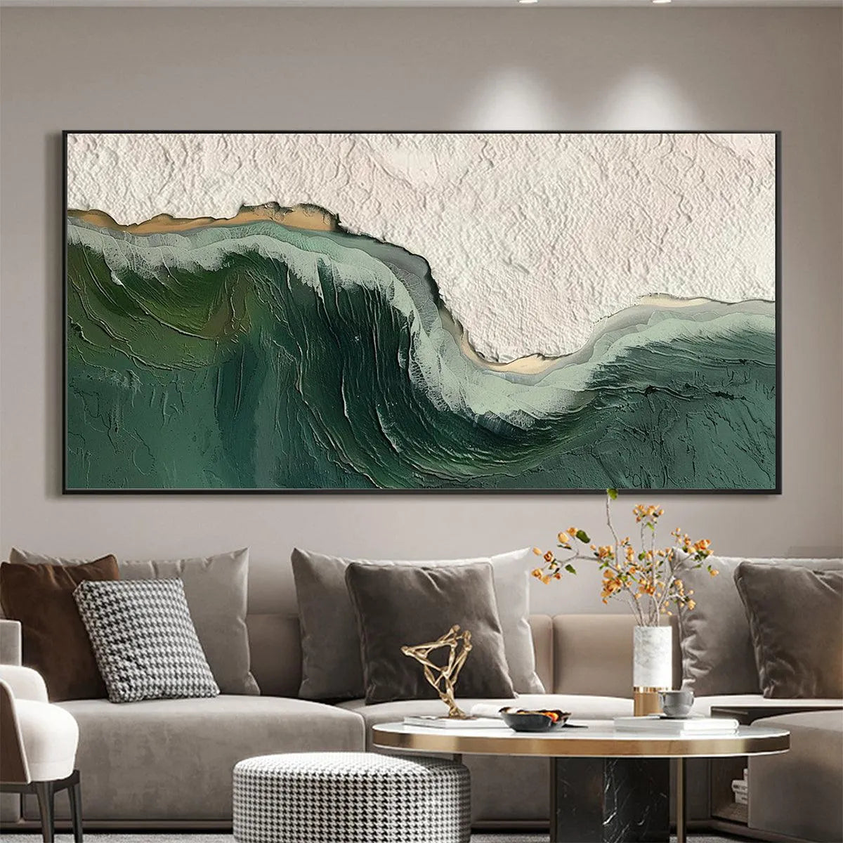 EMERALD DEPTHS: Textured Abstract Seascape Painting, Green and White Wall Art, Panoramic Canvas, Coastal Decor