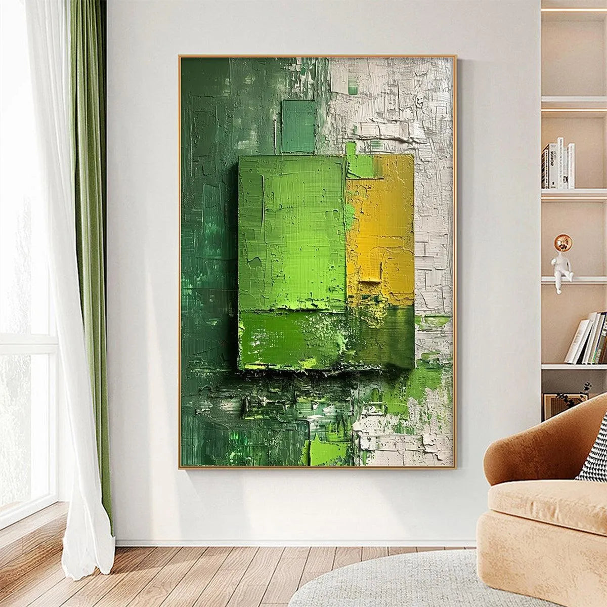 GREEN AND YELLOW TEXTURED BLOCKS: Impasto Abstract Painting, Vertical Wall Art