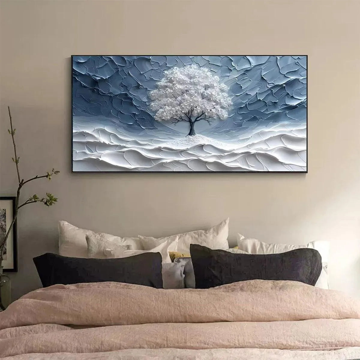 WINTER'S EMBRACE: Textured Winter Landscape Painting, Impasto Wall Art, Horizontal Canvas, Tree Art