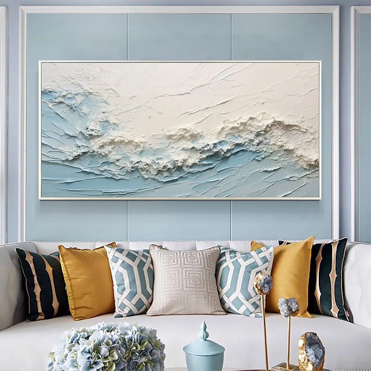 SERENE SEASCAPE: Panoramic Textured Abstract Painting, Impasto Wall Art, Blue, White, Beige, Living Room, Bedroom