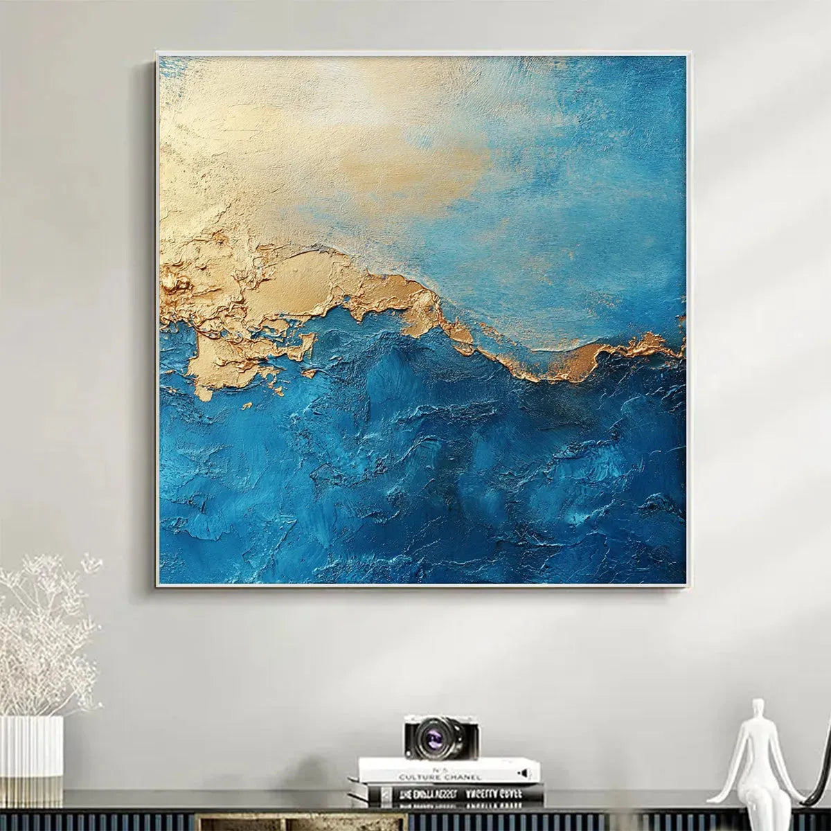 GILDED TIDEPOOL: Square Abstract Oil Painting with Gold Leaf and Blue