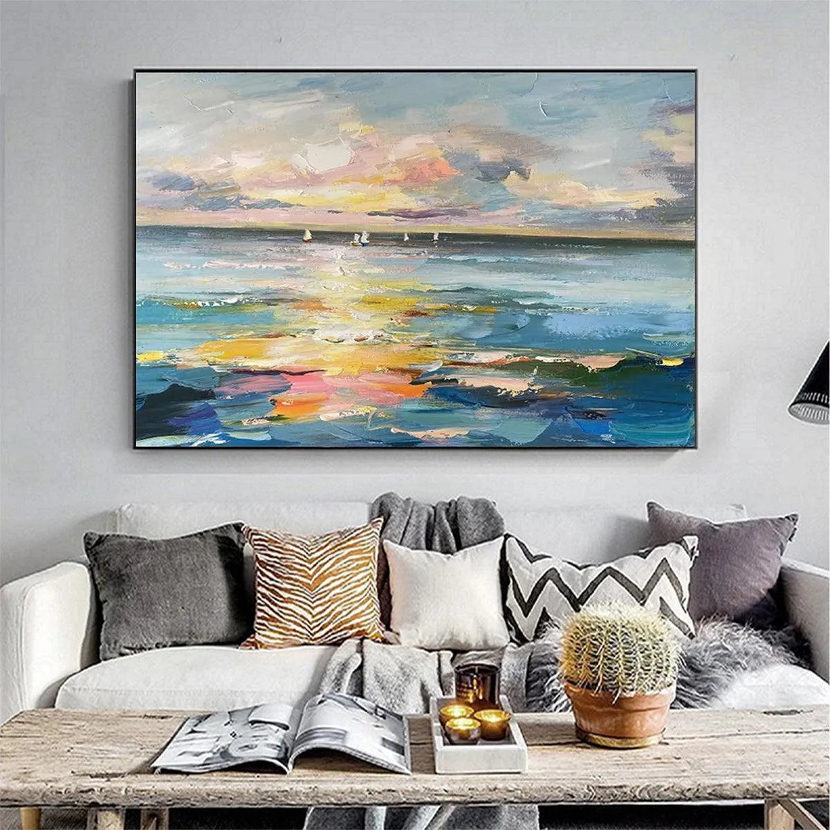 SUNSET SAIL: Seascape Painting, Impasto Texture, Ocean View, Panoramic Wall Art, Horizontal