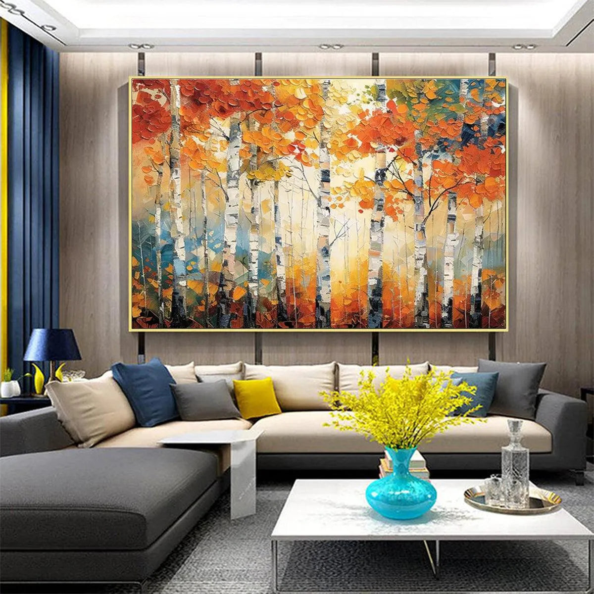 AUTUMN ASPEN: Textured Forest Painting, Impasto Wall Art, Horizontal Canvas, Fall Decor